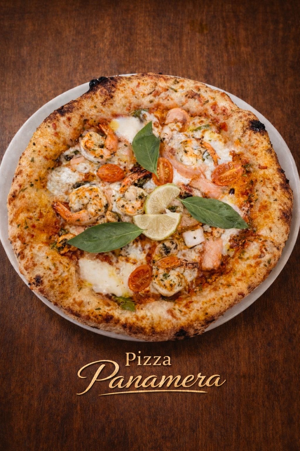 Pizza Panamera aux crevettes, saumon, basilic et tranches de citron vert