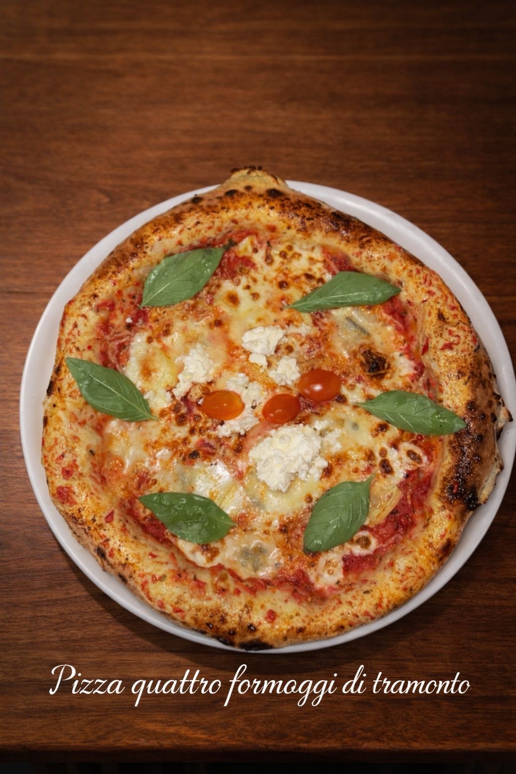 Pizza quattro formaggi avec ricotta, mozzarella, tomates cerises et basilic